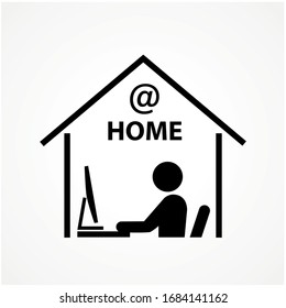 Work from home. Remote work online icon, sign - Coronavirus quarantine preventive measures for social distancing - person working on computer at home icon.