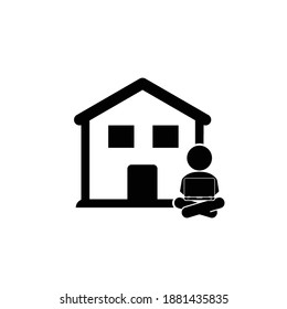 Work from home - Remote work online icon, sign - Coronavirus quarantine preventive measures for social distancing - person working on laptop at home icon isolated on white