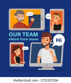 Work from home. Remote working with a business team meeting held via a video conference call. Flat design style online meeting concept illustration.