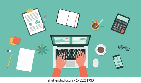 work from home, remote working, connecting online on laptop computer concept, top view , flat vector illustration