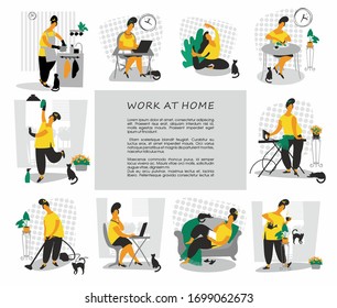 Work at home. Remote working. Freelance. Home office.  Woman self employed concept remote working. vector illustration. Woman at work at home. Social isolation. Flat style. place for text