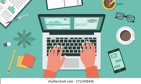 work from home, remote working, online business on laptop computer concept, top view , flat vector illustration