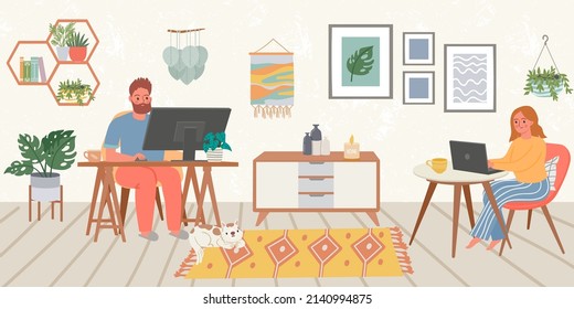 Work at home, remotely working process with laptop. Vector remote online, home office workplace, female working freelance illustration