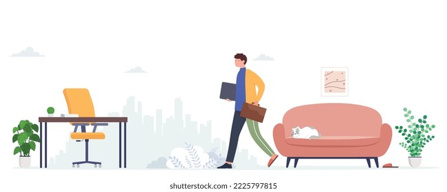 Work from home, return to office, coworking. Man freelance worker with laptop working remotely goes to work. Concept of choosing a workplace, self-employment.