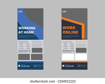 Trabajar desde la plantilla de diseño de pancartas de enrollamiento doméstico. Diseño de panfletos de oficina en línea. carátula, pancarta de enrollado, lista para imprimir