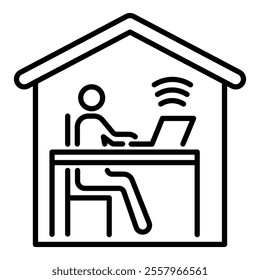 Work from home round line vector icon with editable stroke, featuring a person working on a computer inside a house. Represents remote work, freelancing, telecommuting, and home office setups.
