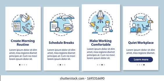 Work at home rules onboarding mobile app page screen with concepts. Schedule, comfortable and quiet workplace walkthrough 4 steps graphic instructions. UI vector template with RGB color illustrations