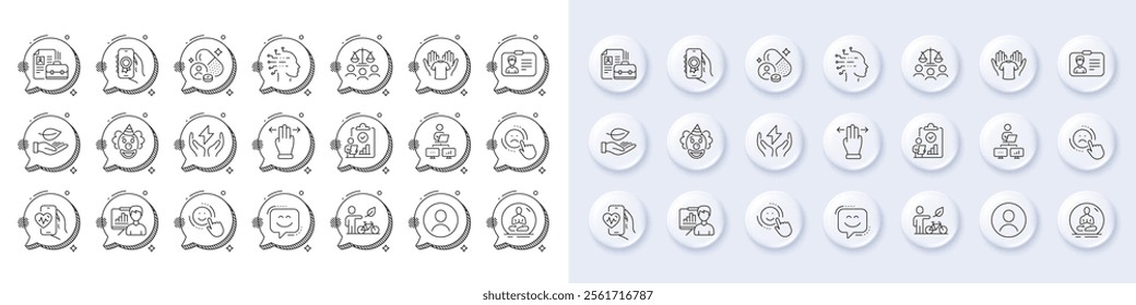 Work home, Safe energy and Headshot line icons. White pin 3d buttons, chat bubbles icons. Pack of Clown, Smile, Artificial intelligence icon. Vector