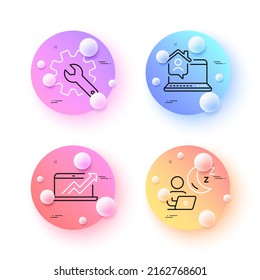 Work home, Sales diagram and Customisation minimal line icons. 3d spheres or balls buttons. Shift icons. For web, application, printing. Freelance work, Sale growth chart, Settings. Vector