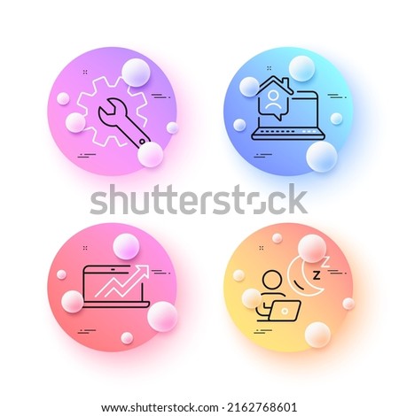 Work home, Sales diagram and Customisation minimal line icons. 3d spheres or balls buttons. Shift icons. For web, application, printing. Freelance work, Sale growth chart, Settings. Vector