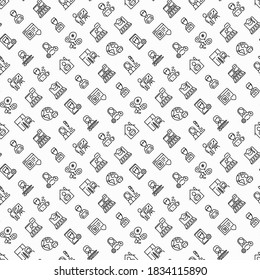 Work from home seamless pattern with thin line icons: online conference, freelancer, online education, programmer, developer, copywriter, web designer, product manager. Vector illustration.