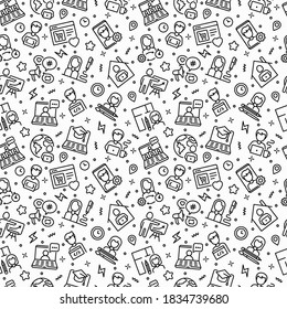 Work from home seamless pattern with thin line icons: online conference, freelancer, online education, programmer, developer, copywriter, web designer. Vector illustration.
