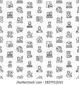 Work from home seamless pattern with thin line icons: online conference, freelancer, online education, programmer, developer, copywriter, web designer, product manager. Vector illustration.