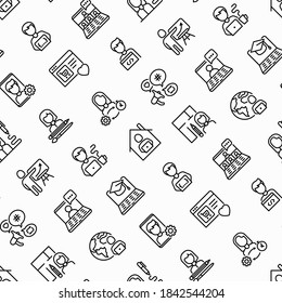 Work from home seamless pattern with thin line icons: online conference, freelancer, online education, programmer, developer, copywriter, web designer, product manager. Vector illustration.