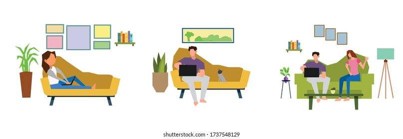 
trabajar desde casa. un conjunto de diseños que se están trabajando en casa para evitar la propagación de covid-19. ilustración vectorial en un estilo plano