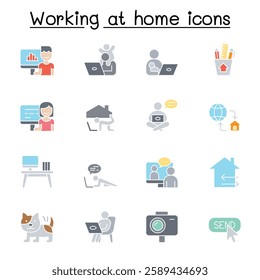 Work from home  set in flat color style