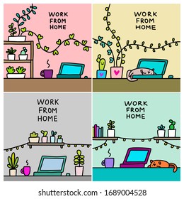 Work from home set of illustration remote office hand drawn vector drawing in cartoon comic style print poster card