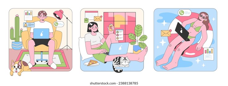 Work from home set. Individuals in cozy environments. Engaging in remote work, sipping coffee, summer relaxation. Pets' company, productivity, indoor plants. Flat vector illustration.