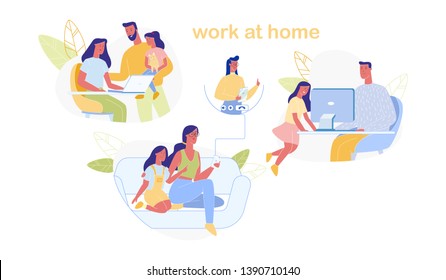 Work At Home Set Isolated On White Background. Man And Woman Domestic Workplace. Mother And Father Doing Remote Freelance Job Using Computer. Happy Family. Cartoon Flat Vector Illustration, Banner.