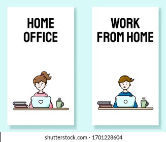 Work from home set of motivational vertical banners. Practicing self isolation. Home office. Millenials sitting in front of the laptop. Vector flat style cartoon images
