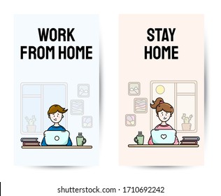 Trabajar desde un grupo de banners verticales motivacionales. Practicar el autoaislamiento. Hogar. Militares sentados frente al portátil. Imágenes de dibujos animados de estilo plano vectorial