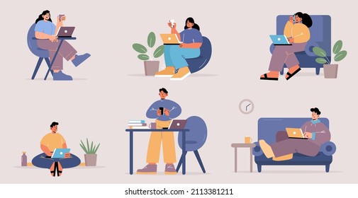 Work from home, set of people with laptops. Freelance, self-employment concept. Freelancers or outsourced remote workers with computers sit at desk or sofa in room, Line art flat vector illustration