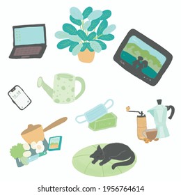 Trabajar en casa. El autoaislamiento en los stickers de casa.