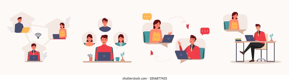 Work From Home Set Vector Illustration, Online Meeting Set Concept Flat Design, Freelancer Work at Home Template