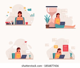 Work From Home Set Vector Illustration, Online Meeting Set Concept Flat Design, Freelancer Work at Home Template