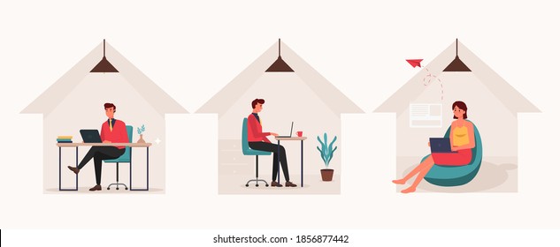 Work From Home Set Vector Illustration, Online Meeting Set Concept Flat Design, Freelancer Work at Home Template