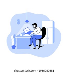 Work from home setup with a laptop - Blue ink illustration 