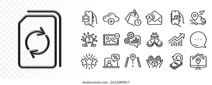 Work home, Ship and Puzzle game line icons for web app. Glare of light effect. Message icon. Pack of Music app, Star, Demand curve pictogram icons. Remove image, Hold box, Cashback signs. Vector