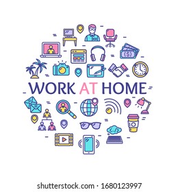 Arbeiten Sie bei Home Signs Round Design Template Thin Line Icon Concept Banner für Werbung auf Weiß. Vektorillustration