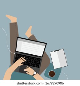 work from home. work at home. sitting working with laptop and tablet on the floor. flat lay. flat design illustration.