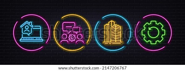 Work home, Skyscraper buildings and Engineering\
team minimal line icons. Neon laser 3d lights. Recovery gear icons.\
For web, application, printing. Freelance work, Town architecture,\
Teamwork. Vector
