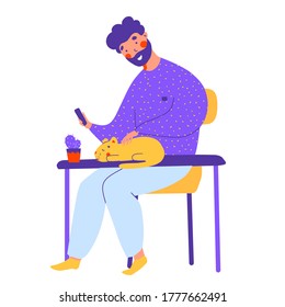 Trabajo desde casa con aplicación para smartphones, estilo de dibujos animados de vector plano. Concepto de negocio.