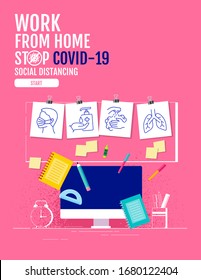 Work from home, Social Distancing concept , Stop Covid-19, People keeping distance for infection risk and disease, Coronavirus, Cartoon Character, Vector Illustration.