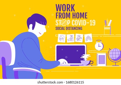 Work from home, Social Distancing concept , Stop Covid-19, People keeping distance for infection risk and disease, Coronavirus, Cartoon Character, Vector Illustration.