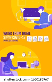 Trabajo desde casa, concepto de Distancia Social, Stop Covid-19, Personas manteniendo la distancia para el riesgo de infección y enfermedad, Coronavirus, Caricatura, Ilustración Vectorial.