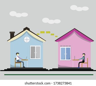 Work at home, work space, concept illustrations. Young people, who work on laptops and computers at home.