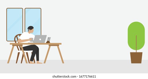 work from home, work space. flat design Work desktop top view, office desk table with laptop. work at home