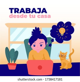 Work from home (Spanish) Freelancer woman vector working on laptop