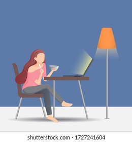 Work from home. Stay at home. Eating in front of the computer. People using laptop. Shelter in place. Flat design.