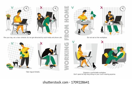 Trabajo desde casa. Planea tu día. Hogar.Trabajo remoto. Trabajo independiente. Una mujer y un hombre trabajan por cuenta propia.El concepto de trabajo a distancia. Ilustración vectorial. Estilo plano