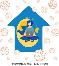 Work from home, stay at home or telecommuting concept during the coronavirus pandemic with a woman sitting working on a laptop inside a house surrounded by virus molecules, vector illustration