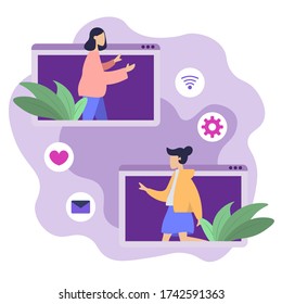 Work from home stay at home teleconference, video call conference, social distancing, business discussion. flat design abstract people