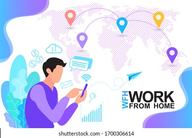 work from home, stay at home, Worldwide cooperation and business network around world. man and map with geotags. Line art characters, vector in flat, EPS10.