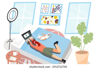Work at home. Staying at home. Men and women communicate online. Communicate with family during quarantine. Vector illustration in flat modern style.