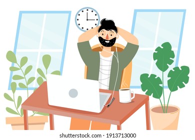 Work at home. Staying at home. Men and women communicate online. Communicate with family during quarantine. Vector illustration in flat modern style.