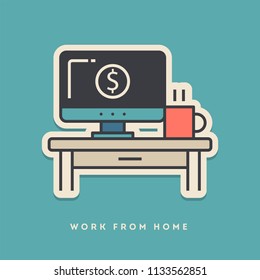 Work from home sticker. Thin line, flat design style. Vector illustration